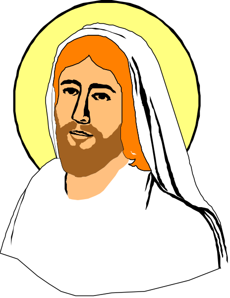 The image shows a cartoon of Jesus Christ with long hair and beard depicted as an illustration within another picture that appears to be a religious iconography piece featuring Mary Magdalene on one side and possibly other figures, but only part of their heads is visible in this clip-art style representation.