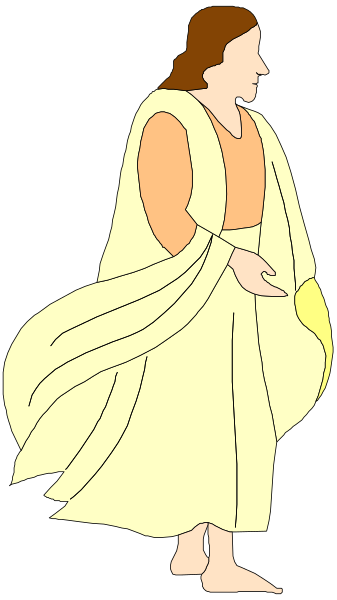 The illustration shows a person dressed as an angel with wings standing on what appears to be clouds against a dark background.
