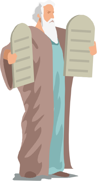 The illustration depicts a bearded man holding two scrolls with text on them while standing against a plain background; he is wearing robes that suggest religious attire.