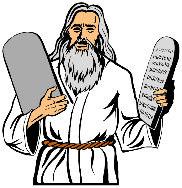 The image shows a cartoon of two panels featuring an illustrated character resembling Moses holding tablets with text on them in each panel; he is depicted as bearded and wearing robes, standing against different backgrounds: one darker than the other.