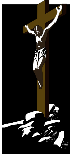 The image shows a black and white illustration of Jesus Christ on the cross atop what appears to be an outdoor altar with steps leading up to it in front of a building that resembles a church, set against a dark background.