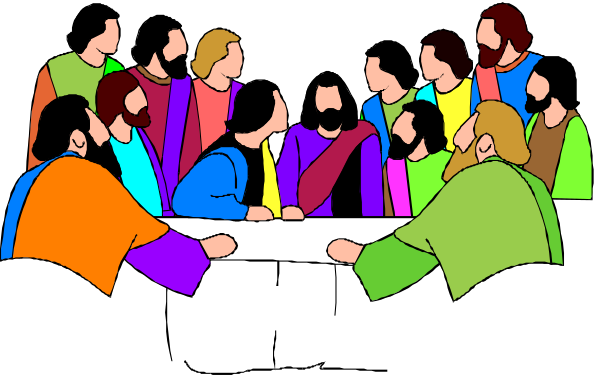 The image shows a group of nine individuals gathered around a table with various colorful shirts on; there is no text present in this clip-art illustration.