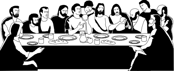 The black and white illustration depicts a group of nine individuals seated around a dining table with various dishes before them; all appear to be engaged in conversation while enjoying their meal together at what seems like an indoor gathering place, possibly during evening hours given by the lighting conditions shown on each person's face.