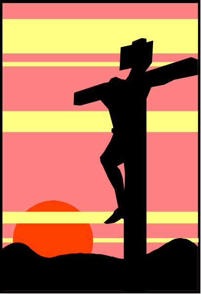 The image shows a stylized silhouette of Jesus on a cross against an abstract background with warm hues transitioning from pink to yellow at sunset; there is also a small figure standing in front, looking up towards it under what appears to be a red sky and setting or rising sun.