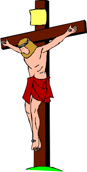 The image shows a cartoon depiction of Jesus Christ on a cross with outstretched arms against a dark background.
