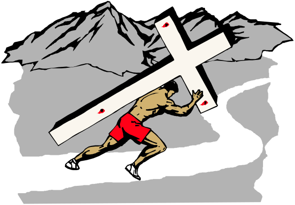 The image shows a black and white illustration of an athlete carrying a cross over his shoulder while running on what appears to be snow-covered ground with mountains in the background.