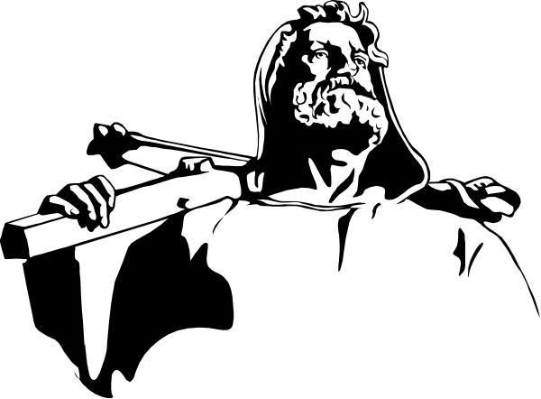 The black and white silhouette of a person holding an object that resembles a cross over their shoulder while lying down on what appears to be a bed with wheels at each corner.