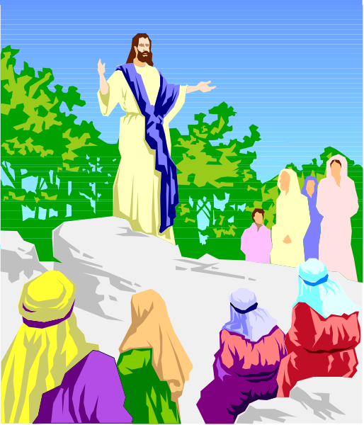 The illustration depicts a religious scene with an animated figure of Jesus Christ standing on top of rocky terrain surrounded by variously colored figures that appear to be followers in traditional attire gathered around him as he speaks, set against a backdrop featuring trees and sky under clear weather conditions.