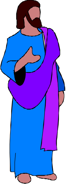The image shows a colorful cartoon of Jesus Christ standing against a purple background with his arms outstretched as if he is blessing someone in front of him.