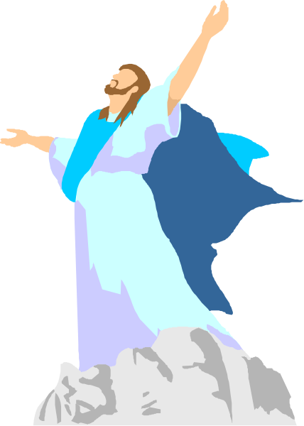 The image shows a cartoon of Jesus Christ with his arms raised upwards as if he is preaching on top of an elevated platform that resembles a rocky outcropping in nature.