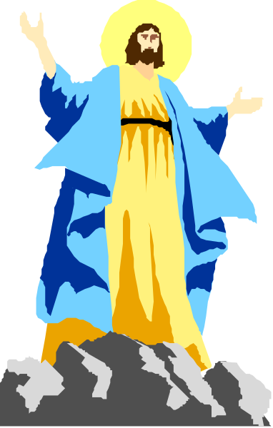 The image shows a pixelated depiction of Jesus Christ on top of clouds with his arms outstretched against a blue sky background.
