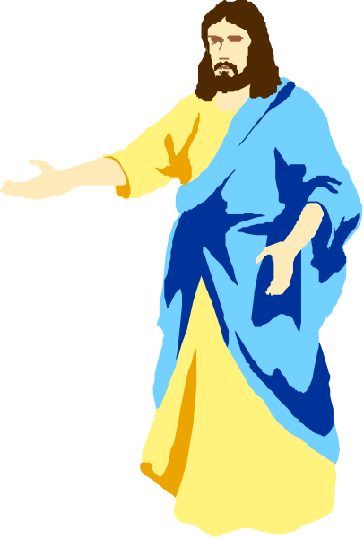 The image shows a cartoon of Jesus Christ with outstretched arms against a blue background.