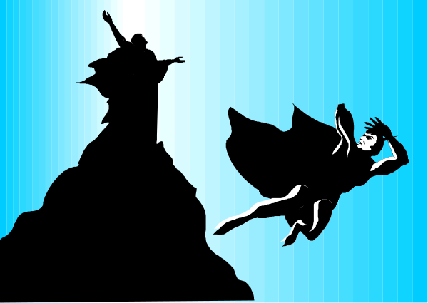 The image shows a black silhouette of two figures on top of what appears to be an iceberg with blue sky in background; one figure is waving while standing still atop the mountain peak, and another figure seems to be falling from above onto it.