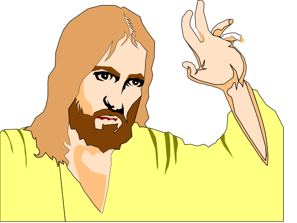 The image shows a cartoon of Jesus Christ with long hair holding his hand out as if casting magic spells on two other figures who appear to be in distress; one figure is waving their arms while another has an expression that suggests fear, all set against a dark background.