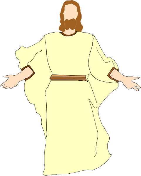 The image shows a black and white illustration of Jesus Christ with his arms outstretched against a dark background.
