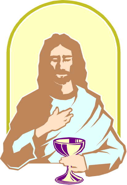 The image depicts a stylized illustration of Jesus Christ holding what appears to be a wine glass with purple liquid inside it while seated at an altar within a church-like structure that has religious iconography and is framed by a yellow border, giving off a vintage or retro vibe.