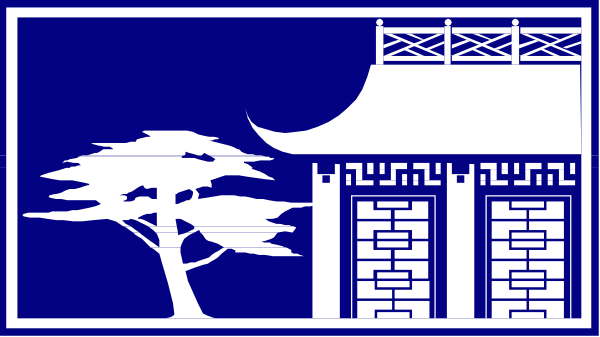 The image shows a stylized depiction of an Asian temple with two towers on either side under what appears to be a moonlit sky at nighttime; there is no text present in this clip-art illustration, and it's set against a dark background that contrasts the lighter colors used for the building.