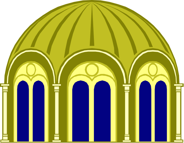 The image shows a stylized illustration of an ancient Greek theater with three tiers of seating under arches supported by columns; it is depicted in shades of blue and yellow against a black background, giving it a classical appearance.