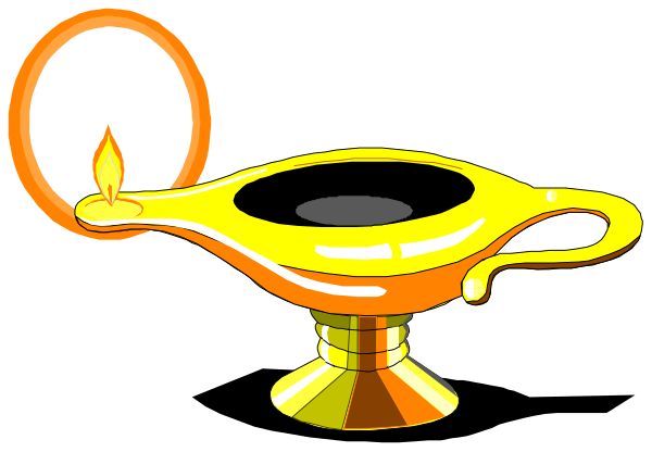 The image shows a golden lamp with an oil burner on top of it next to two candles; there is also another smaller candle in front of them all.