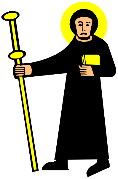 The image shows a stylized depiction of Saint Patrick with his staff, set against an abstract background that does not provide any additional context about location or time period.