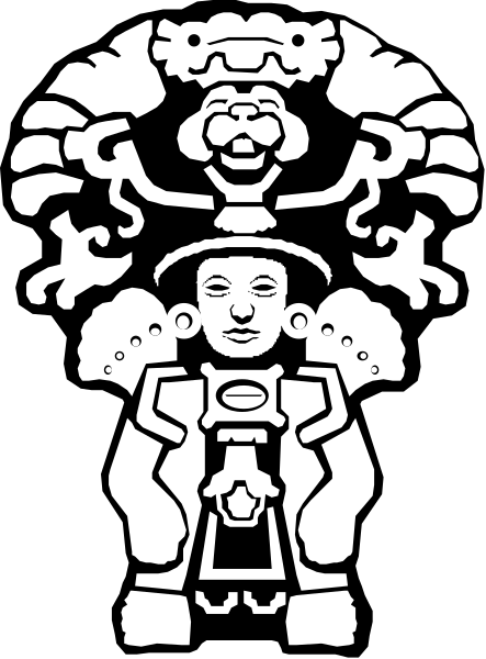 The black and white illustration features a stylized figure with an intricate design on its head that resembles a helmet-like structure adorned with various patterns and possibly feathers; it has two arms, each ending in what appears to be hands or claws holding something not fully visible.