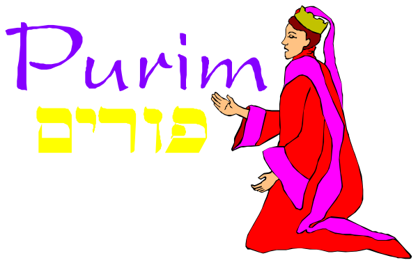 The image features a cartoon of an animated character with purple hair sitting on top of what appears to be a red cloak or robe, holding up their hands as if in prayer or blessing. Above this figure is text that reads "Purim," which translates from Hebrew to English as 'Feast.' The background behind the cartoon and text has an abstract design with shades of purple and pink blending into each other without any distinct shapes, giving it a dreamy appearance.