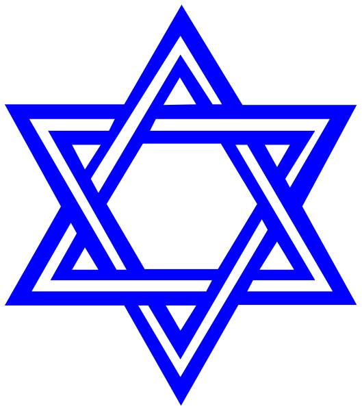 The image shows a stylized Star of David with blue lines against a black background on top half and gray stripes in bottom half forming an American flag pattern.