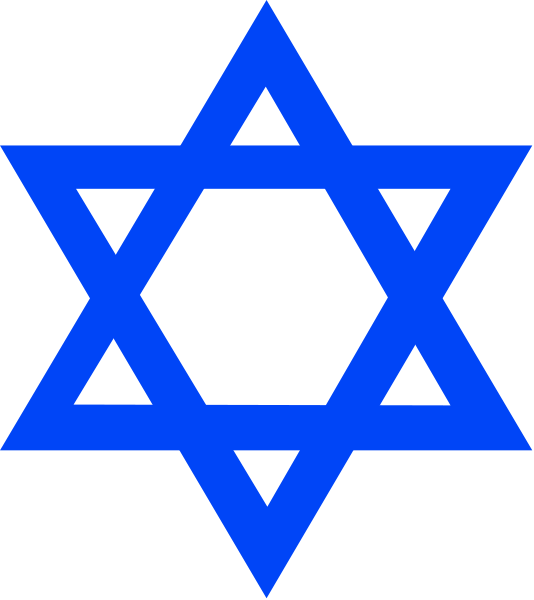 The image shows a stylized Star of David with blue background on top half against white bottom half.