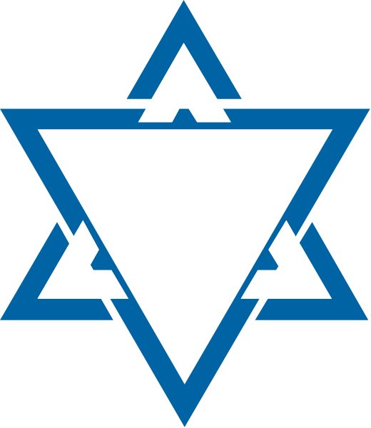 The logo of a Jewish organization with symbols representing Judaism such as Star of David on top left corner and Hebrew letters in center right side.