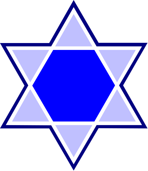 The image shows a stylized Star of David with blue background inside it on top of another star that is outlined by white lines forming an eight-pointed shape against a darker backdrop.