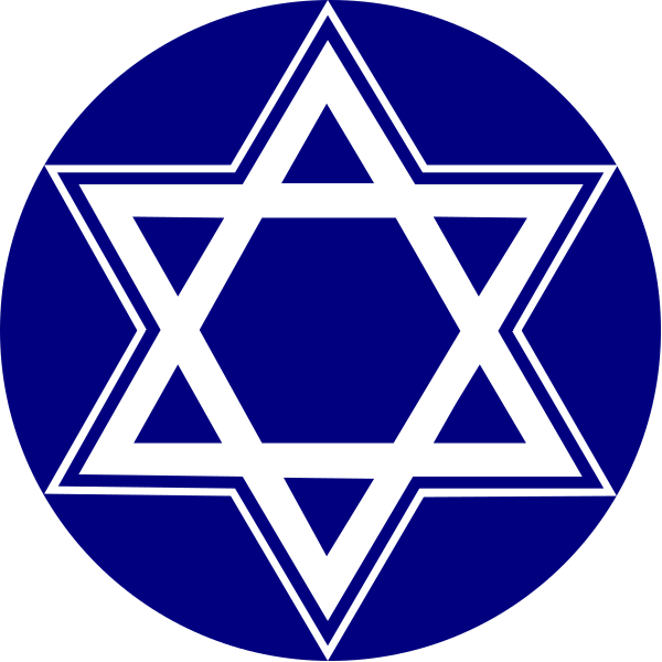 The image shows a blue Star of David with white borders inside two circles that resemble eyes looking at it from above.
