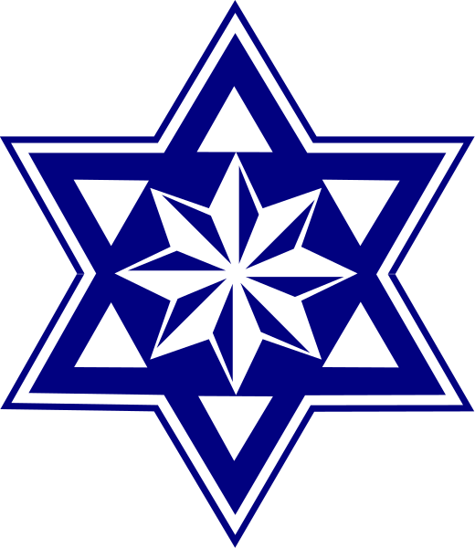 The image shows a blue Star of David with white points inside it against a gray background.