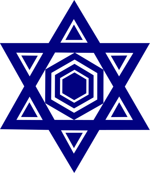 The image shows a blue Star of David with white hexagons inside it against a dark background.