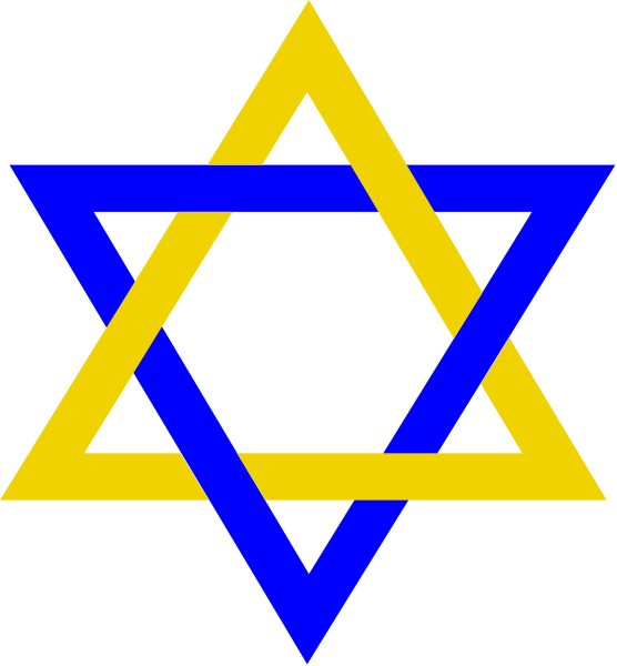 The image shows a Star of David on top half with blue background and yellow border, next to it is an upside-down cross in black coloring against white background.