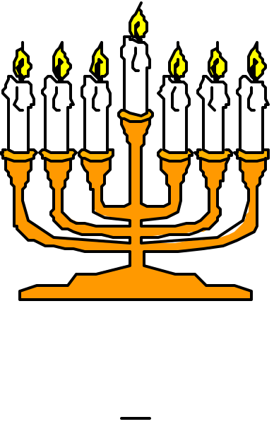 The image shows a stylized graphic of an illuminated menorah with seven candles against a dark background on top left corner; below it is another smaller illustration featuring two lit white taper candles in front of what appears to be a traditional Jewish Hanukkiah, which has nine compartments. The style suggests that this could represent the holiday season or celebration associated with these symbols.