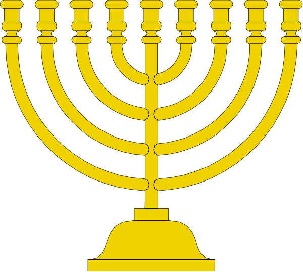 The image shows a black background with two golden menorahs on either side of an illuminated yellow seven-branched candelabrum in front of them; above this central object is a large, lit six-pointed star known as a Star of David or Magen David.