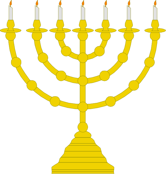 The image shows a traditional Jewish menorah with seven branches on each side of an eight-sided base, topped by nine candles in total; two images depicting different stages of lighting these candels: one is lit and the other unlit.