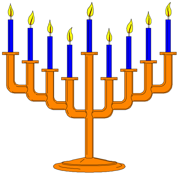 The image shows a Hanukkah menorah with nine lit candles on top of an orange base against a black background.
