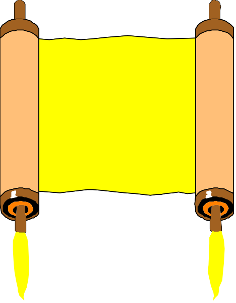 The image shows a yellow scroll hanging from two rollers with orange handles on either side of it against a dark background.