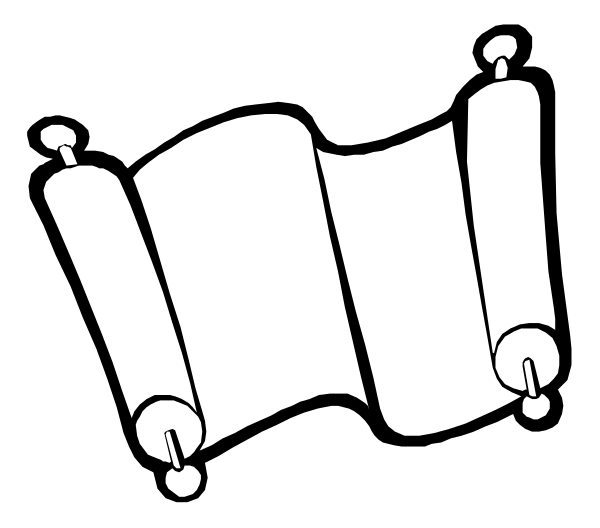 The black and white logo of a religious organization with three scrolls on top of each other representing scripture books.