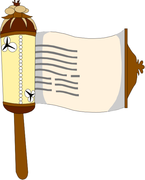 The image shows a scroll with text on it attached to an object that resembles a wooden post or pole, which is part of what appears to be a traditional Jewish Torah stand called a yamaka; there's also a small bell hanging from this structure and another smaller item at the bottom.