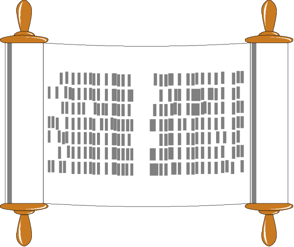 The image shows a scroll with text on it placed inside an open book that is resting on what appears to be a pedestal or stand.