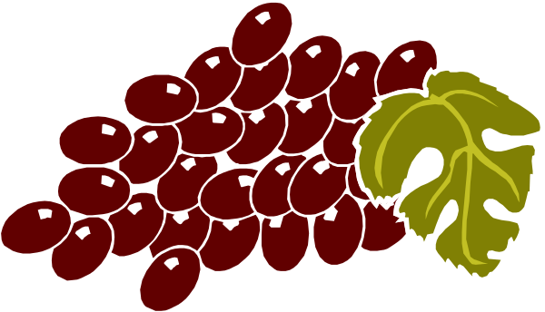 The image shows a bunch of grapes with leaves on top against a black background; there is no text present within this small clip-art illustration.