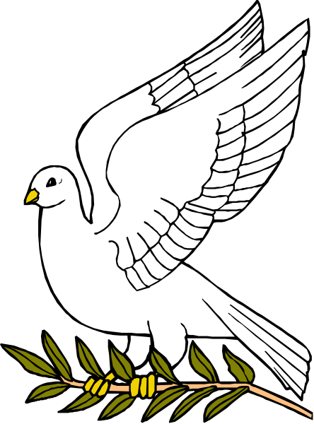 The black and white illustration shows a dove with outstretched wings perching on an olive branch above it.