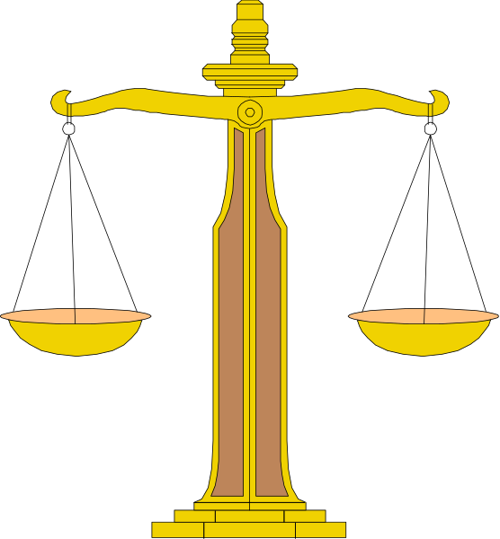 The image shows a stylized representation of scales with two bowls on either side, symbolizing balance; above it is an illustration resembling Lady Justice holding a sword in her right hand extended upwards and pointing to the left bowl, which has no weight inside.