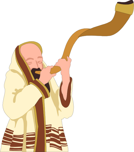 The illustration shows a man playing an instrument that resembles a shofar while wearing religious attire with tassels on his hat; he is standing in front of what appears to be a wall, and there's no text present within this image.
