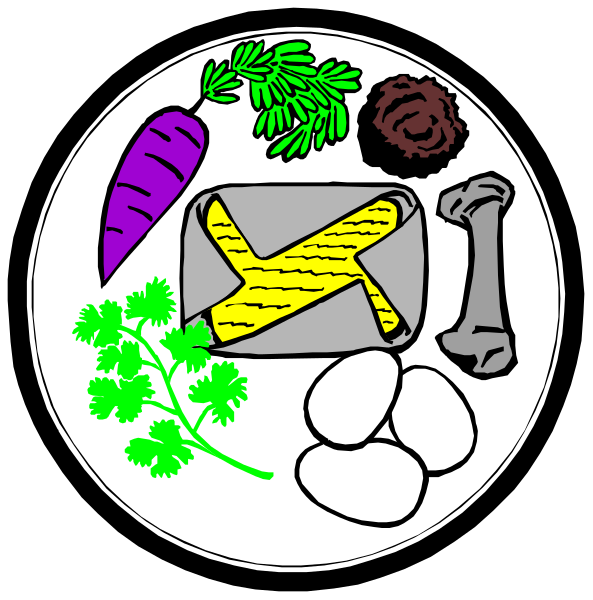 The image shows a black and white illustration of an assortment of food items on a plate: carrots, potatoes, meat (possibly chicken), eggs, bread with butter spread across it, parsley leaves, cilantro sprigs, garlic cloves, cheese slices.
