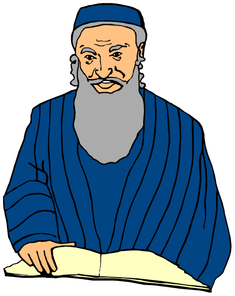 The illustration depicts a man with white hair wearing glasses sitting at an open book on what appears to be a podium in front of him; he is dressed in blue robes and has a beard.