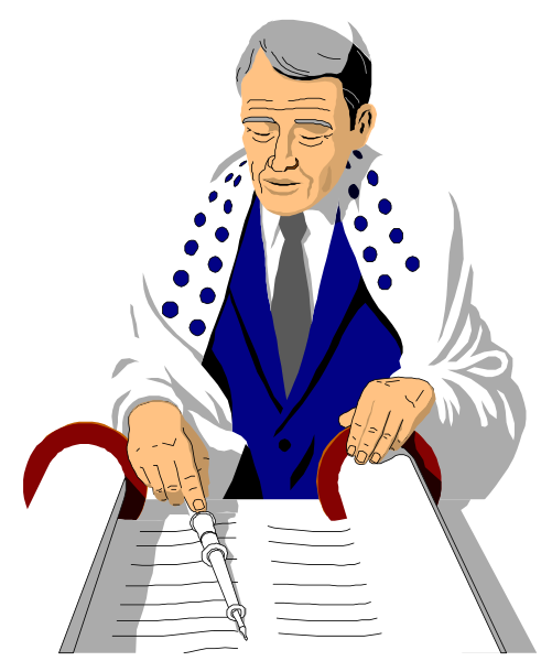 The illustration depicts a man wearing a suit with polka dots sitting at a table holding an open book while writing on it using his right hand; he is also placing what appears to be a red seal over some text in the book, and there's another similar-looking document next to him.