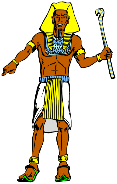 The image shows a black and white illustration of an ancient Egyptian figure with headdress holding staffs on either side while standing in front of what appears to be hieroglyphics.
